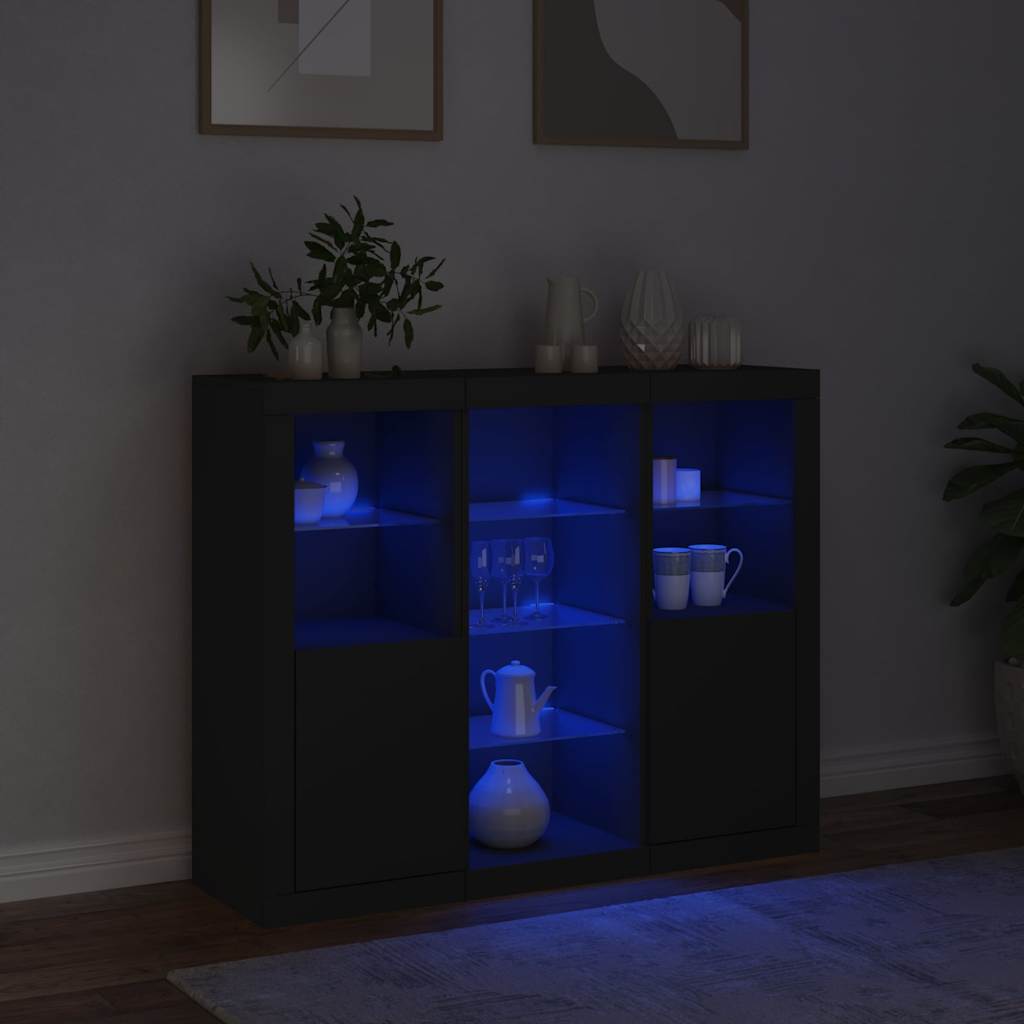 Sideboards with LED Lights 3 pcs Black Engineered Wood